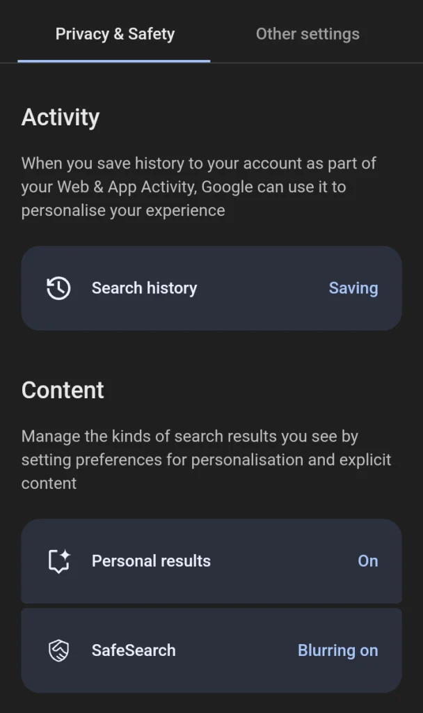 Paramètres de SafeSearch